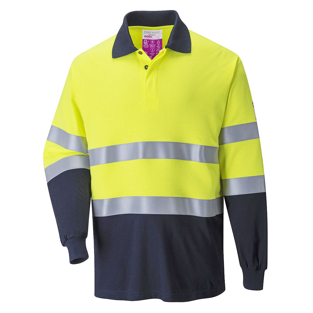 Portwest FR74 — Modaflame Knit Hi-Vis Constrast FR Long Sleeve Polo Shirt